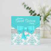 Blauwgroen Blauw Damask Sweet 16 Party Kaart (Staand voorkant)