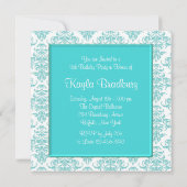 Blauwgroen Blauw Damask Sweet 16 Party Kaart (Achterkant)