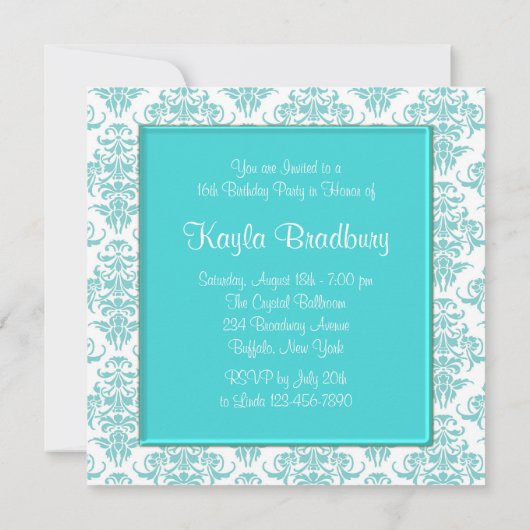 Blauwgroen Blauw Damask Sweet 16 Party Kaart (Achterkant)