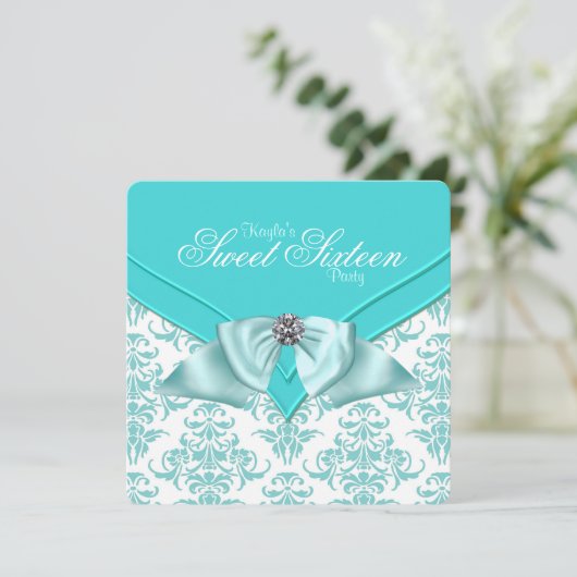 Blauwgroen Blauw Damask Sweet 16 Party Kaart (Staand voorkant)