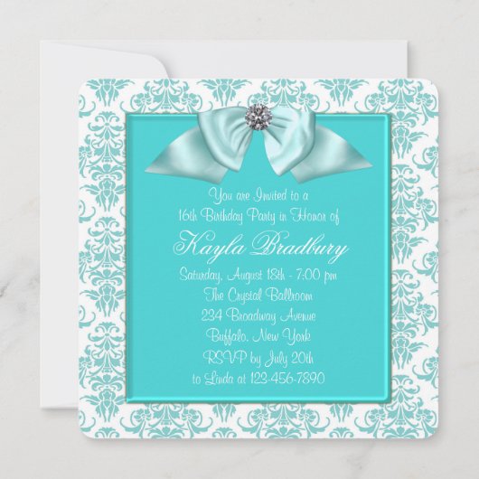 Blauwgroen Blauw Damask Sweet 16 Party Kaart (Achterkant)