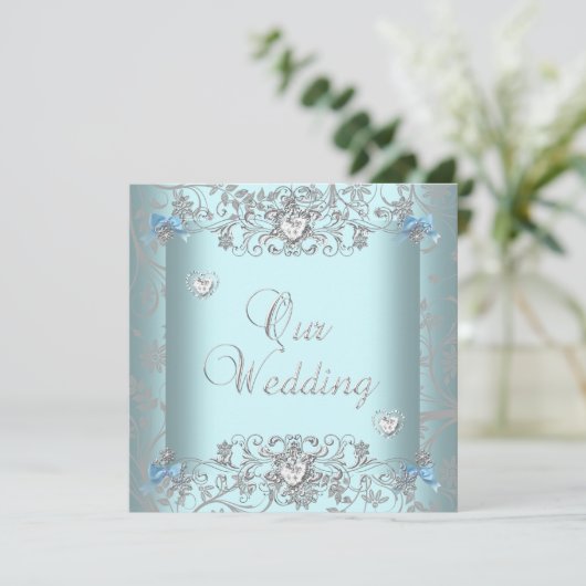 Blauwgroen blauw Damask Wedding Silver Diamond Hea Kaart (Staand voorkant)