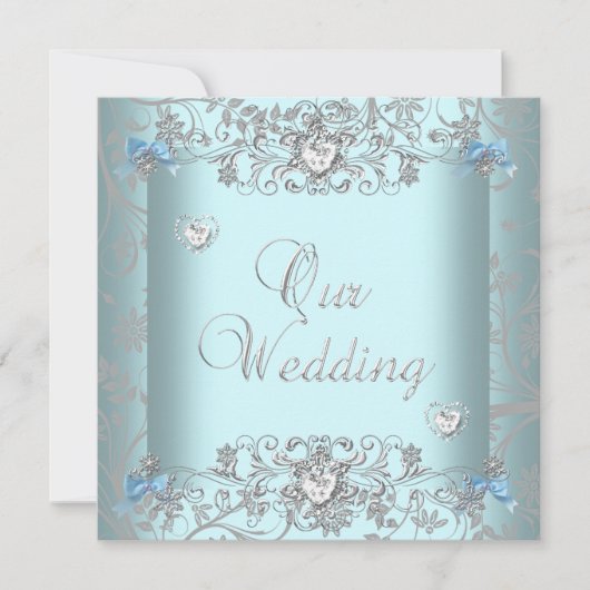 Blauwgroen blauw Damask Wedding Silver Diamond Hea Kaart (Voorkant)