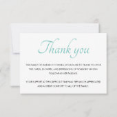 Blauwgroen Blauw Dank u begrafenisherdenkingsdiens Bedankkaart (Voorkant)