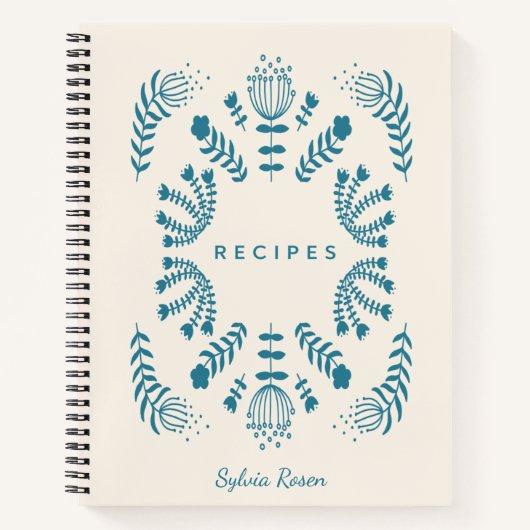 Blauwgroen blauw Deens folk Flowers Personalized R Notitieboek (Voorkant)