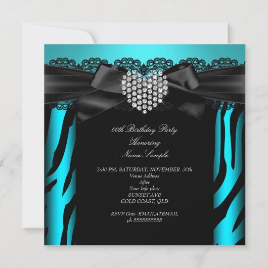 Blauwgroen blauw diamanthartsfeest Zebra 2 Kaart (Achterkant)