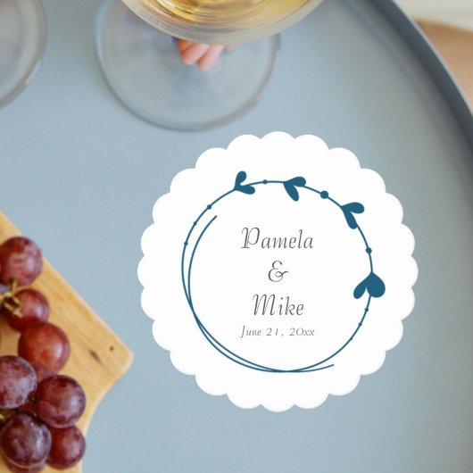 Blauwgroen blauw eenvoudig hart krans bruiloft kartonnen onderzetters