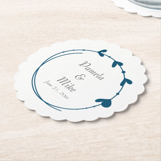 Blauwgroen blauw eenvoudig hart krans bruiloft kartonnen onderzetters (Gekanteld)