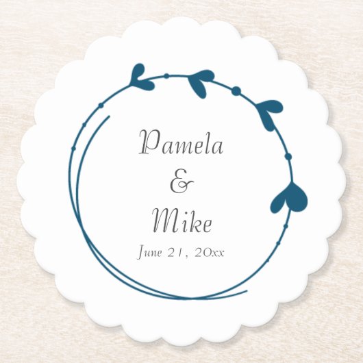 Blauwgroen blauw eenvoudig hart krans bruiloft kartonnen onderzetters (Voorkant)