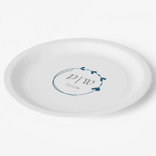 Blauwgroen Blauw Eenvoudige Hart Krans Monogram Hu Papieren Bordje (Gekanteld)