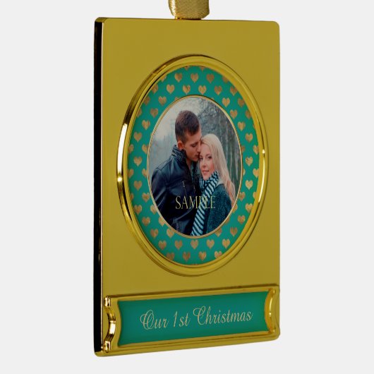 Blauwgroen blauw eerste kerstgoudhart verguld banner ornament (Rechts)