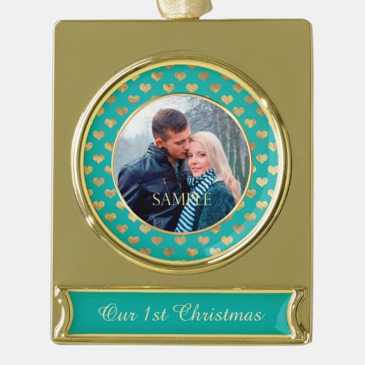 Blauwgroen blauw eerste kerstgoudhart verguld banner ornament (Voorkant)