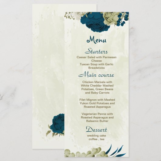 blauwgroen blauw en beige bloemen botanische bruil menu (Voorkant / Achterkant)