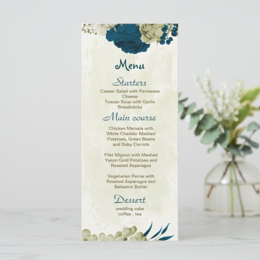 blauwgroen blauw en beige bloemen botanische bruil menu (Staand voorkant)