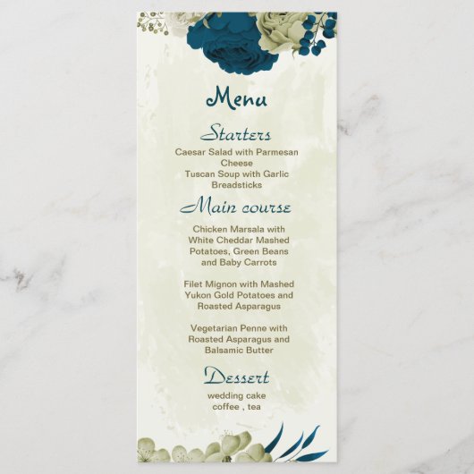 blauwgroen blauw en beige bloemen botanische bruil menu (Voorkant)