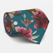 Blauwgroen blauw en Bourgogne roze pink Peony Wedd Stropdas (Opgerold)