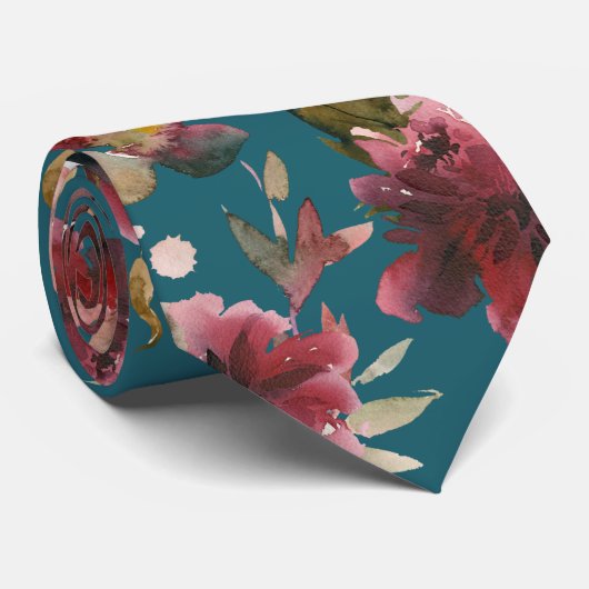 Blauwgroen blauw en Bourgogne roze pink Peony Wedd Stropdas (Opgerold)