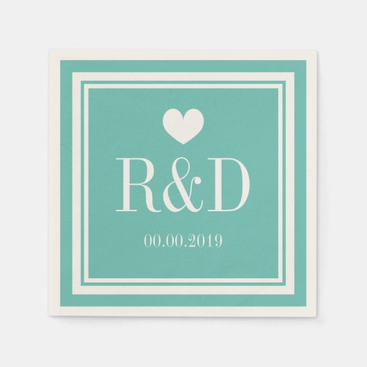 Blauwgroen blauw en ecru monogram papier bruiloft  servetten (Voorkant)