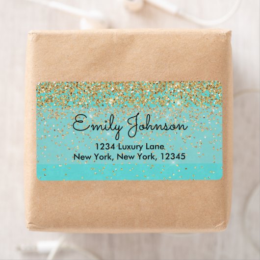 Blauwgroen blauw en Faux Glitter Sparkle-adresetik Etiket (Insitu)