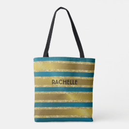Blauwgroen Blauw- en Gold Glitter Stripes met naam Tote Bag