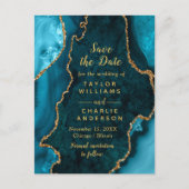 Blauwgroen Blauw en Goud Agaat Marmer Save The Dat Briefkaart (Voorkant)