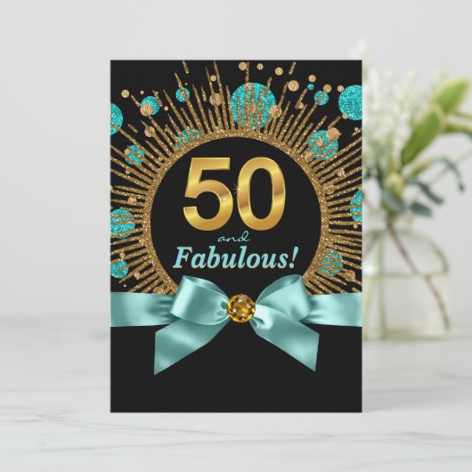 Blauwgroen blauw en goud glitter vrouwen 50ste ver kaart (Staand voorkant)