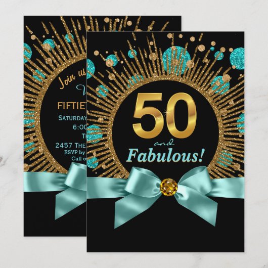 Blauwgroen blauw en goud glitter vrouwen 50ste ver kaart (Voorkant / Achterkant)