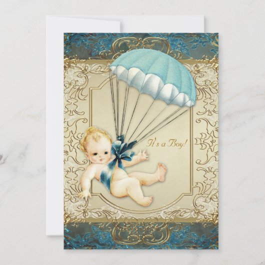 Blauwgroen Blauw en Goud Jongens Baby shower Kaart (Voorkant)