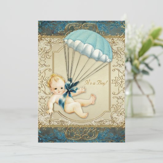 Blauwgroen Blauw en Goud Jongens Baby shower Kaart (Staand voorkant)