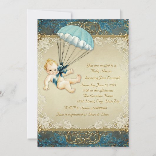 Blauwgroen Blauw en Goud Jongens  Baby shower Kaart (Achterkant)