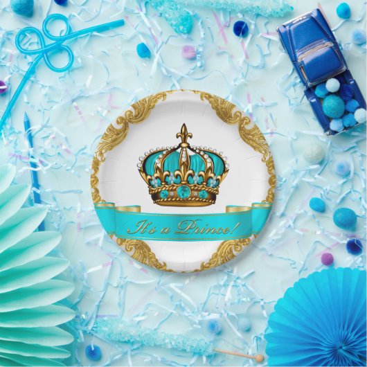 Blauwgroen Blauw en Goud Kroonprins Baby shower Papieren Bordje (Feest)