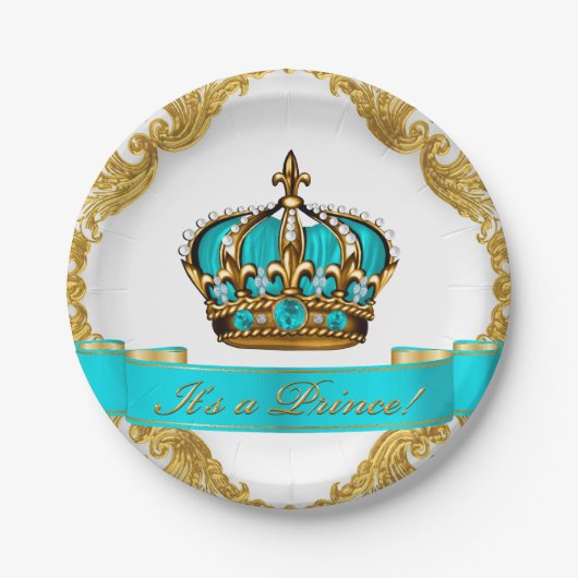 Blauwgroen Blauw en Goud Kroonprins Baby shower Papieren Bordje (Voorkant)
