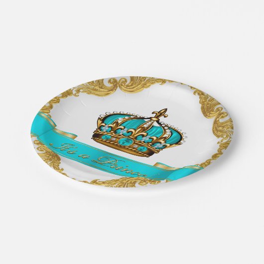 Blauwgroen Blauw en Goud Kroonprins Baby shower Papieren Bordje (Gekanteld)