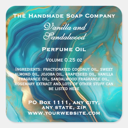 Blauwgroen blauw en goud marmeren parfum roller fl vierkante sticker (Voorkant)