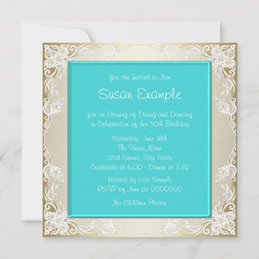 Blauwgroen blauw en goud verjaardagsfeest kaart (Achterkant)