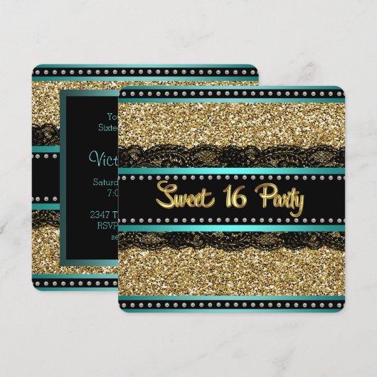 Blauwgroen blauw en goud zoet 16 verjaardagsfeest kaart (Voorkant / Achterkant)