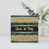 Blauwgroen blauw en goud zoet 16 verjaardagsfeest kaart (Staand voorkant)