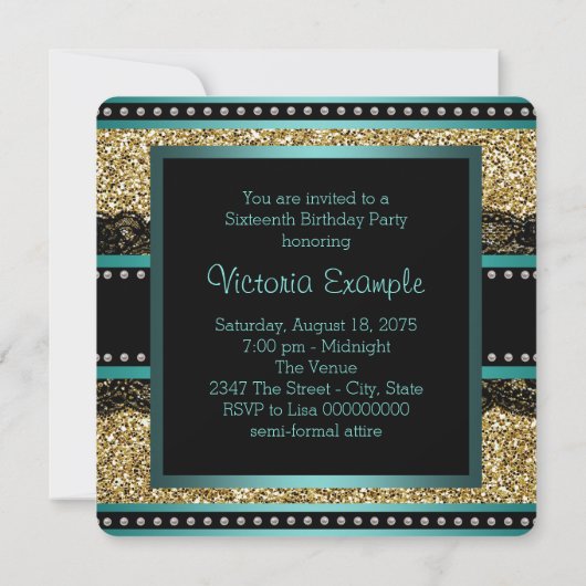 Blauwgroen blauw en goud zoet 16 verjaardagsfeest kaart (Achterkant)
