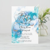 Blauwgroen blauw- en goudalcoholinkt 50e verjaarda kaart (Staand voorkant)