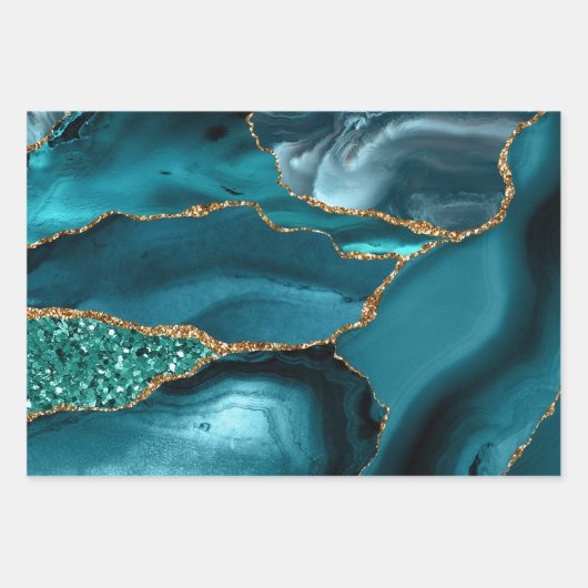 Blauwgroen blauw en goudblauw Glitter Agate Inpakpapier Vel (Voorkant 3)
