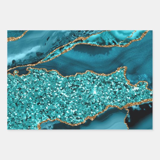Blauwgroen blauw en goudblauw Glitter Agate Inpakpapier Vel (Voorkant 2)