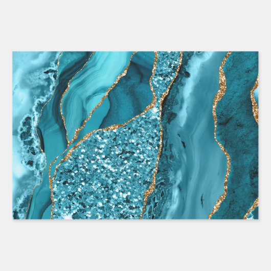Blauwgroen blauw en goudblauw Glitter Agate Inpakpapier Vel (Voorkant)