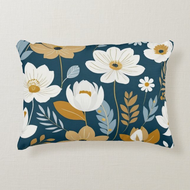 Blauwgroen, blauw en gouden bloemen accent kussen (Voorkant)