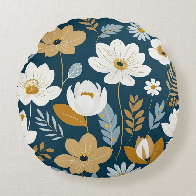 Blauwgroen, blauw en gouden bloemen rond kussen (Voorkant)