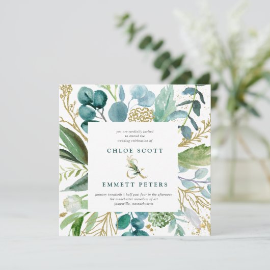 Blauwgroen blauw en gouden botanische bruiloft kaart (Staand voorkant)