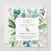 Blauwgroen blauw en gouden botanische bruiloft kaart (Voorkant)