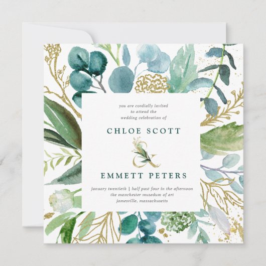 Blauwgroen blauw en gouden botanische bruiloft kaart (Voorkant)