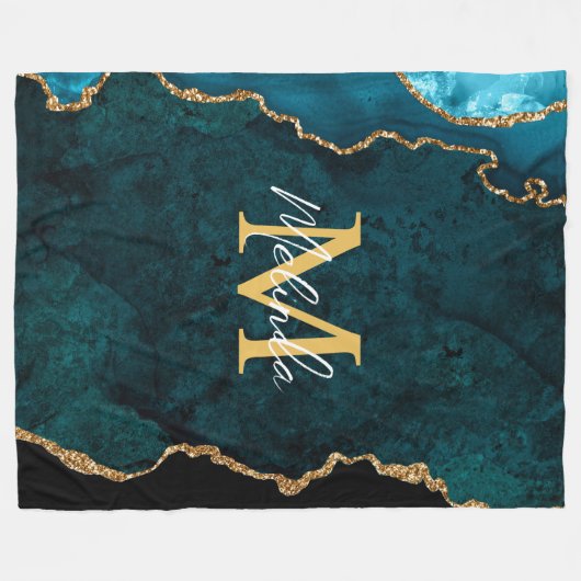 Blauwgroen Blauw en Gouden Marmeren Agaat Fleece Deken (Voorkant (Horizontaal))