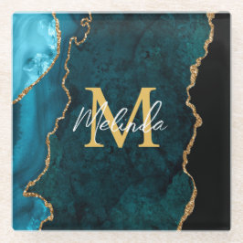 Blauwgroen Blauw en Gouden Marmeren Agaat Glazen Onderzetter