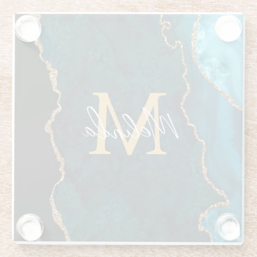 Blauwgroen Blauw en Gouden Marmeren Agaat Glazen Onderzetter (Achterkant)